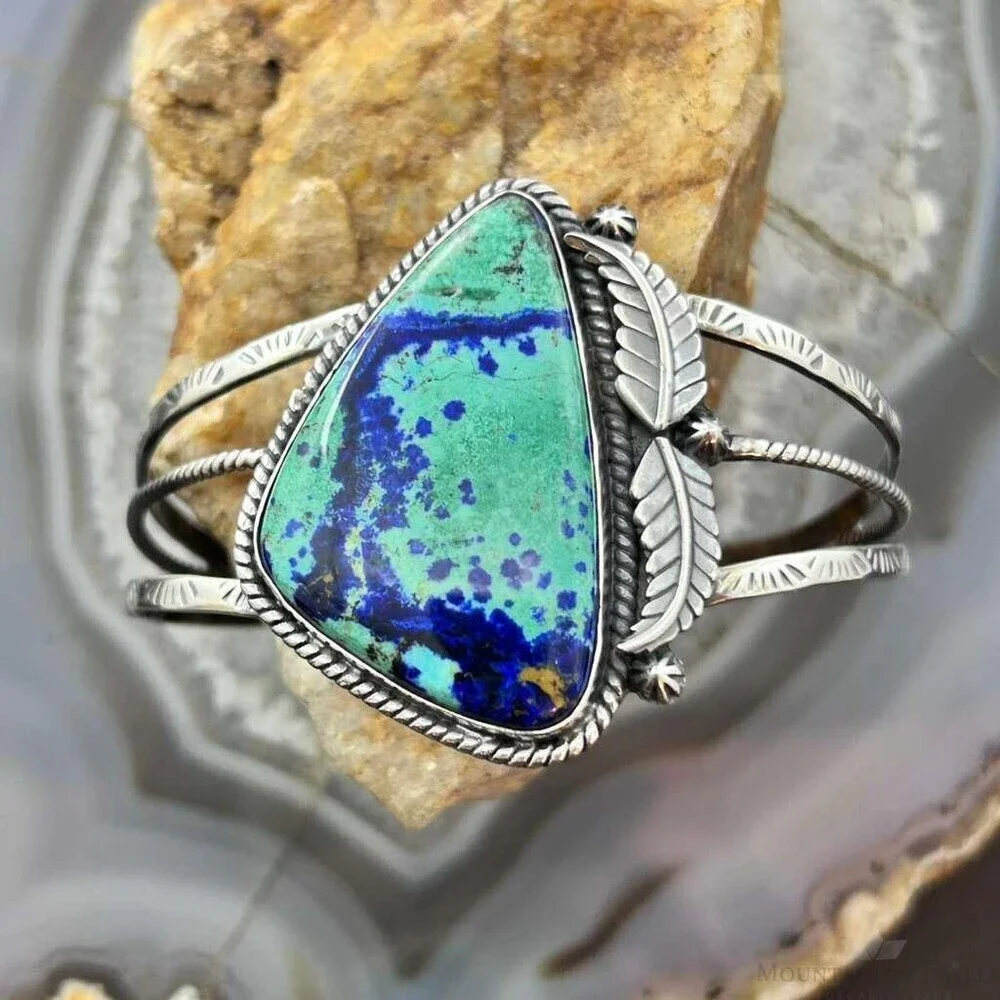 Sterling Southwestern Style Large Triangle Azurite Decorated Bracelet For Women